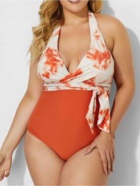Tie-Waist Halter One-Piece Swimsuit in Orange Tie-Dye